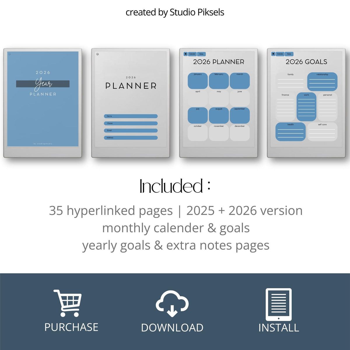 2026 Planner for reMarkable Paper Pro: Digital Hyperlinked Personal Planner, Goal Planner, Calendar and Yearly Planner for...
