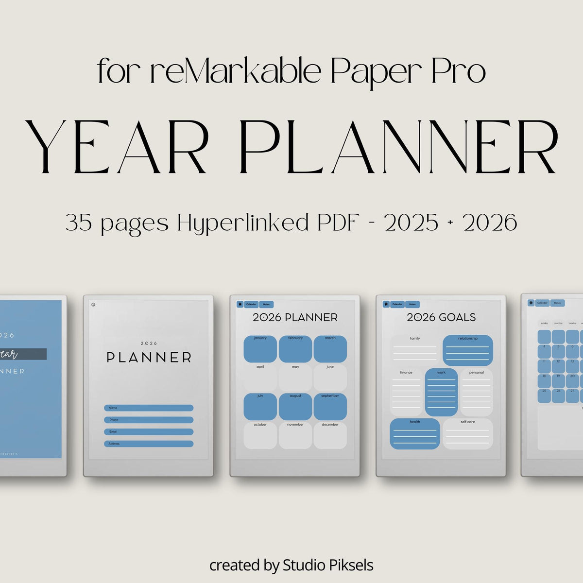 2026 Planner for reMarkable Paper Pro: Digital Hyperlinked Personal Planner, Goal Planner, Calendar and Yearly Planner for...