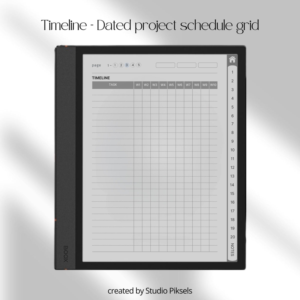 Hyperlinked Project Planner for BOOX with Kanban boards, project timeline pages, priority matrix layouts, and digital productivity tools.