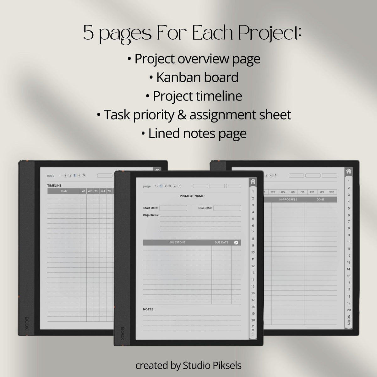 Hyperlinked Project Planner for BOOX with Kanban boards, project timeline pages, priority matrix layouts, and digital productivity tools.
