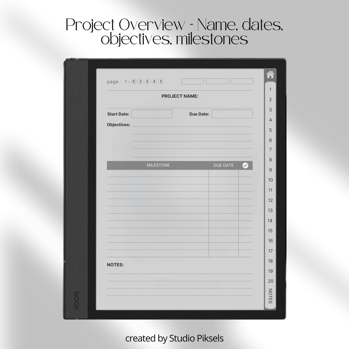 Hyperlinked Project Planner for BOOX with Kanban boards, project timeline pages, priority matrix layouts, and digital productivity tools.
