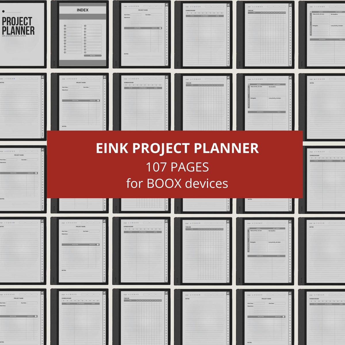 Hyperlinked Project Planner for BOOX with Kanban boards, project timeline pages, priority matrix layouts, and digital productivity tools.