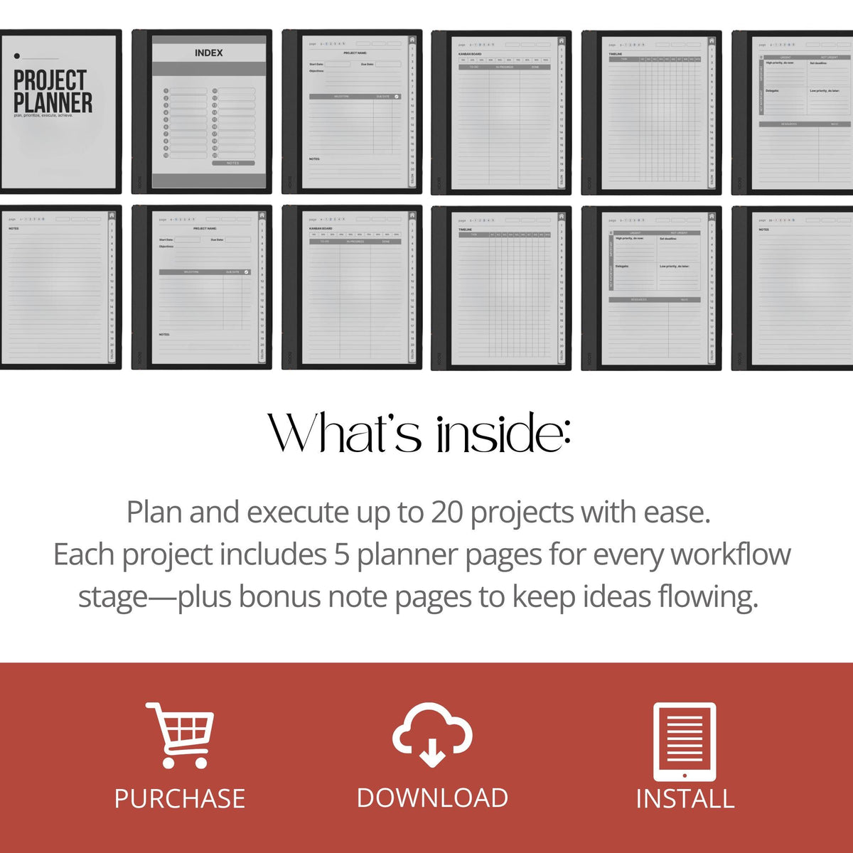 Hyperlinked Project Planner for BOOX with Kanban boards, project timeline pages, priority matrix layouts, and digital productivity tools.