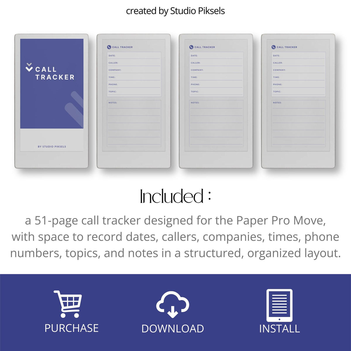 Digital Call Tracker for reMarkable Paper Pro Move featuring structured call log pages with sections for caller details, phone numbers, topics, and notes.