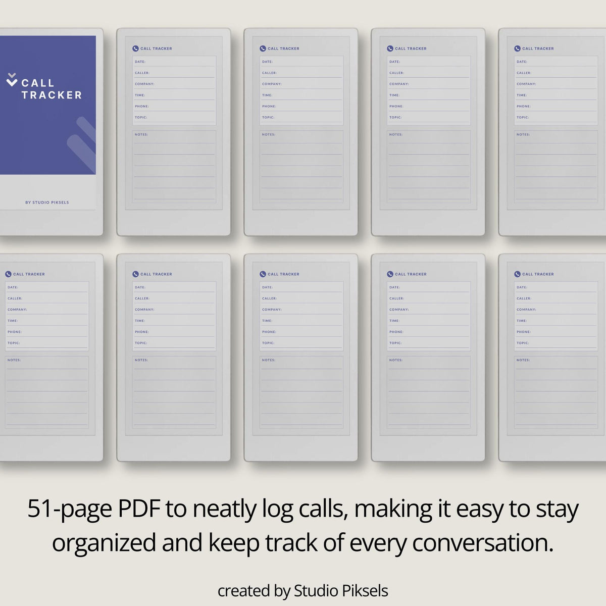 Digital Call Tracker for reMarkable Paper Pro Move featuring structured call log pages with sections for caller details, phone numbers, topics, and notes.