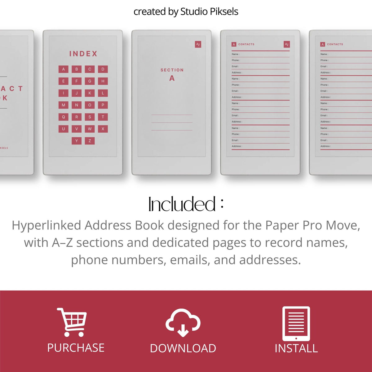 Hyperlinked digital address book for reMarkable Paper Pro Move featuring A–Z navigation, structured contact pages, and reusable layouts for storing names, emails, phone numbers, and addresses.