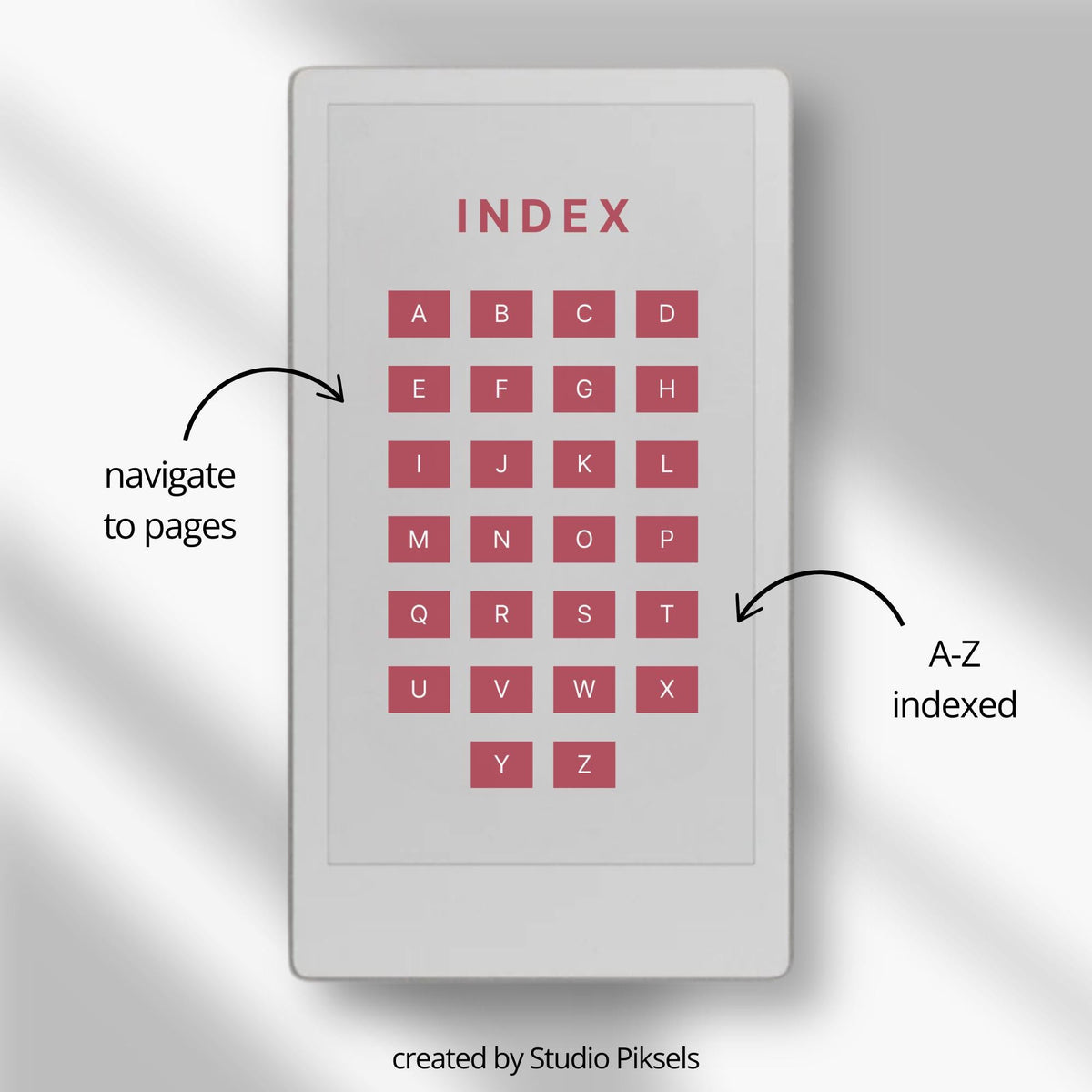 Hyperlinked digital address book for reMarkable Paper Pro Move featuring A–Z navigation, structured contact pages, and reusable layouts for storing names, emails, phone numbers, and addresses.