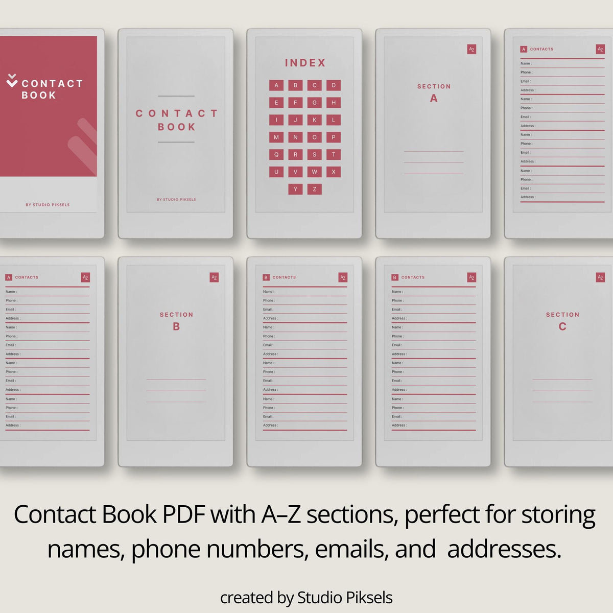 Hyperlinked digital address book for reMarkable Paper Pro Move featuring A–Z navigation, structured contact pages, and reusable layouts for storing names, emails, phone numbers, and addresses.