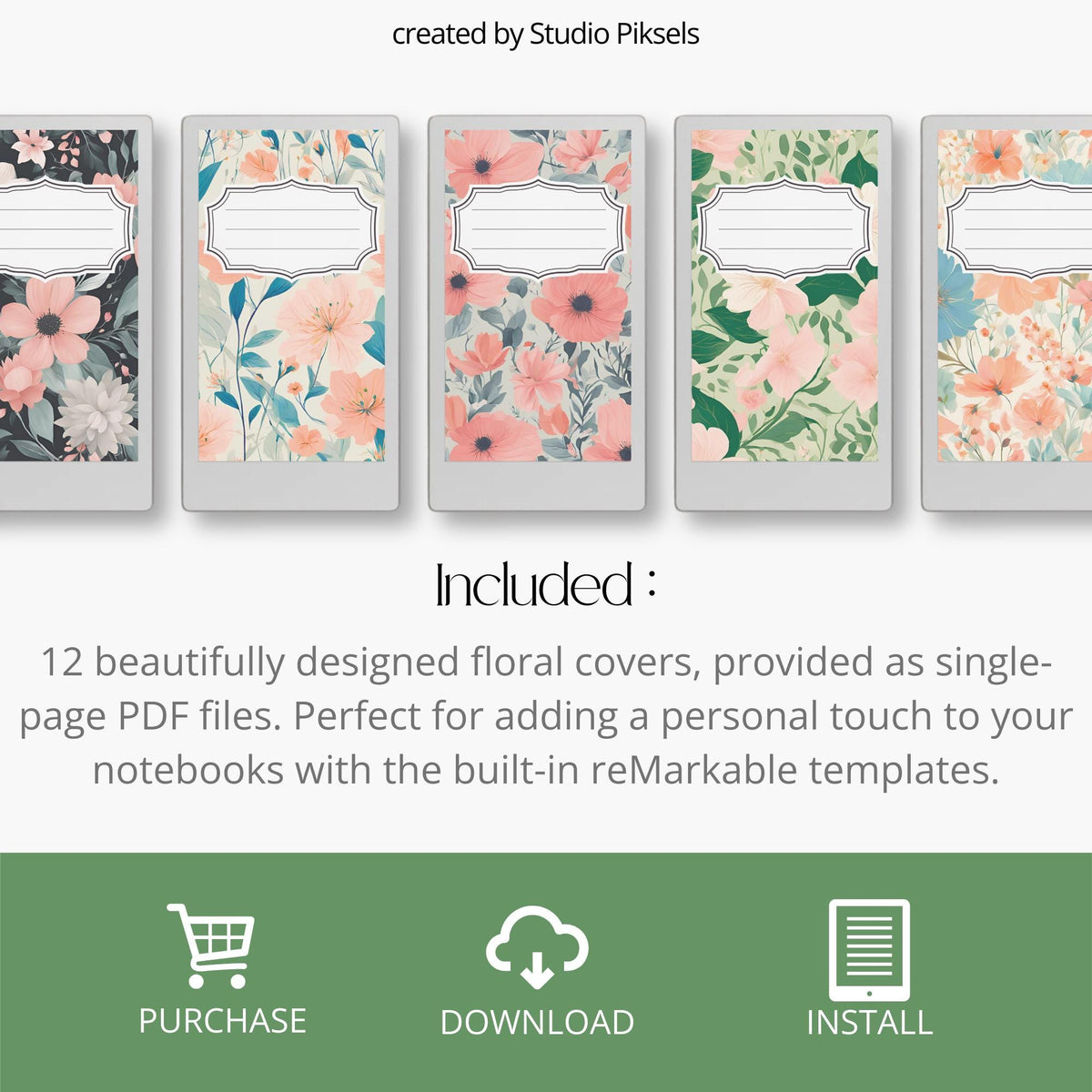 Personalize your digital notebooks with this Flower Notebook Cover Bundle designed for reMarkable Paper Pro Move. This collection includes 12 floral notebook covers featuring soft pastels, botanical patterns, and vibrant flower designs to help organize your notes with a clean and creative style.