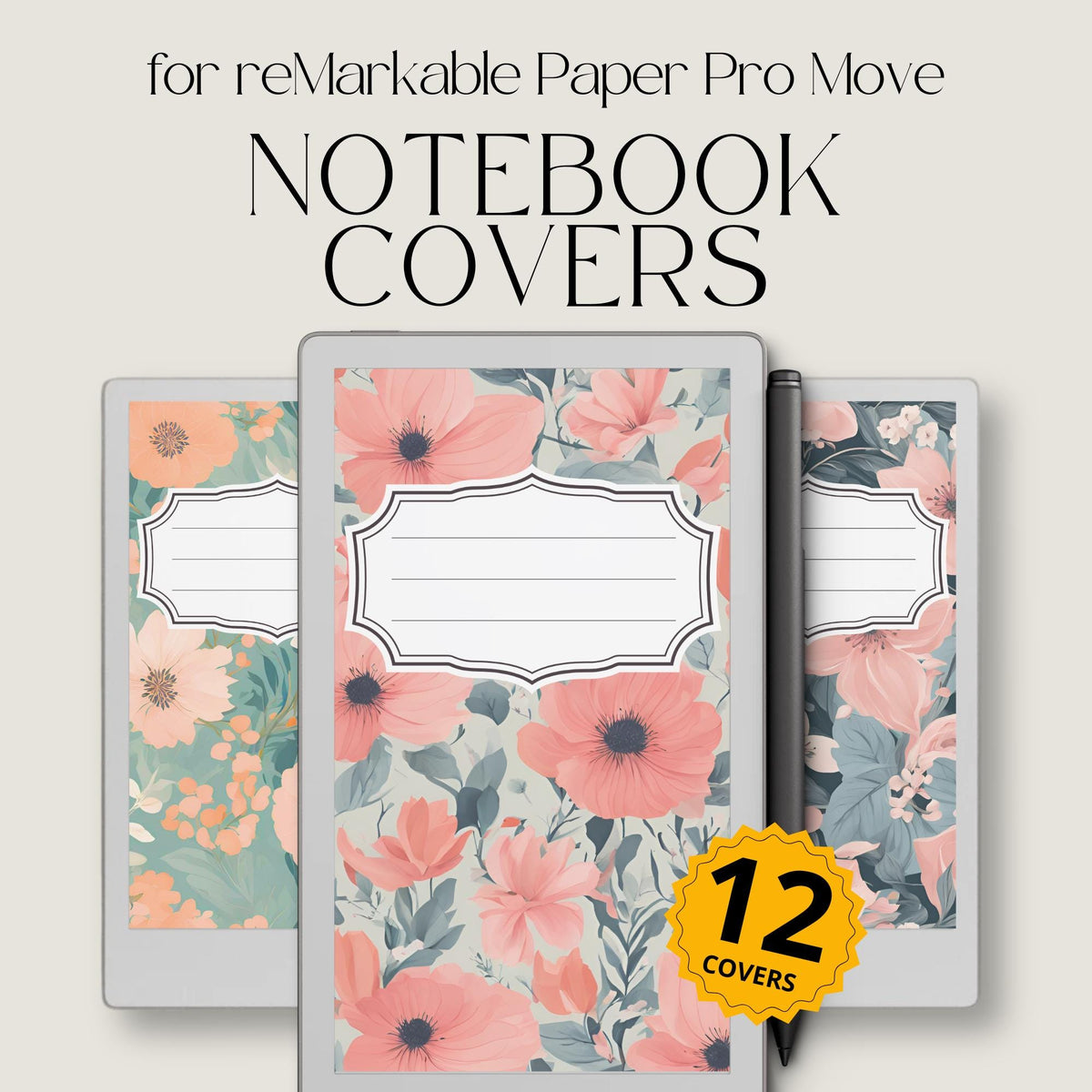 Personalize your digital notebooks with this Flower Notebook Cover Bundle designed for reMarkable Paper Pro Move. This collection includes 12 floral notebook covers featuring soft pastels, botanical patterns, and vibrant flower designs to help organize your notes with a clean and creative style.
