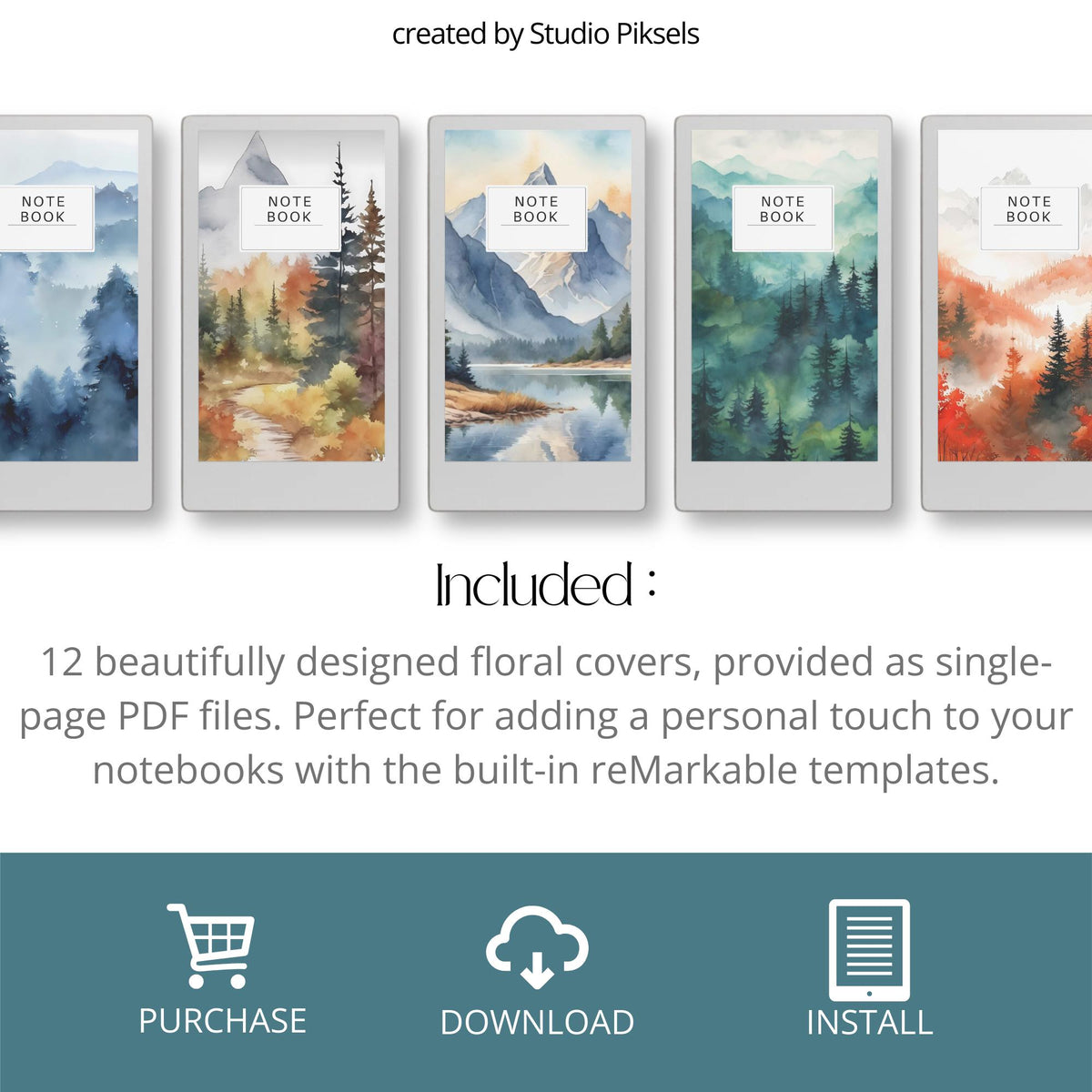 Forest notebook cover bundle for the reMarkable Paper Pro Move featuring 12 watercolor nature digital covers, landscape designs, and library organization styles.