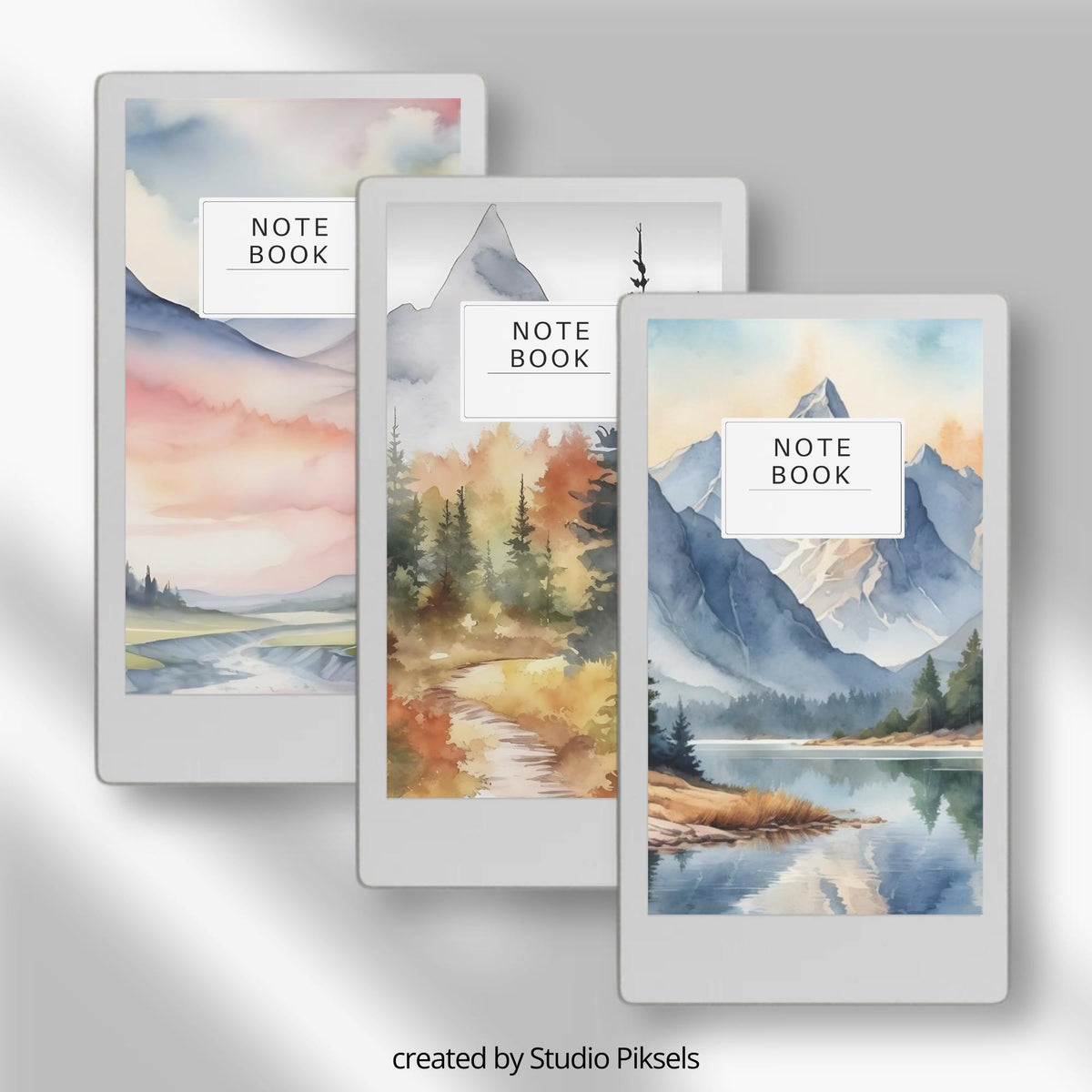 Forest notebook cover bundle for the reMarkable Paper Pro Move featuring 12 watercolor nature digital covers, landscape designs, and library organization styles.