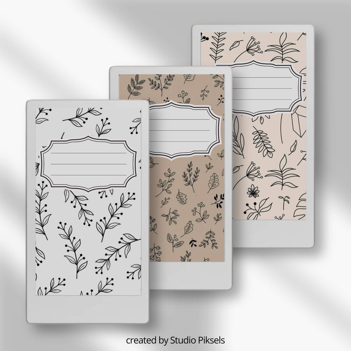Flower notebook cover bundle for the reMarkable Paper Pro Move featuring 12 minimalist floral digital covers, botanical line-art, and file organization layouts.