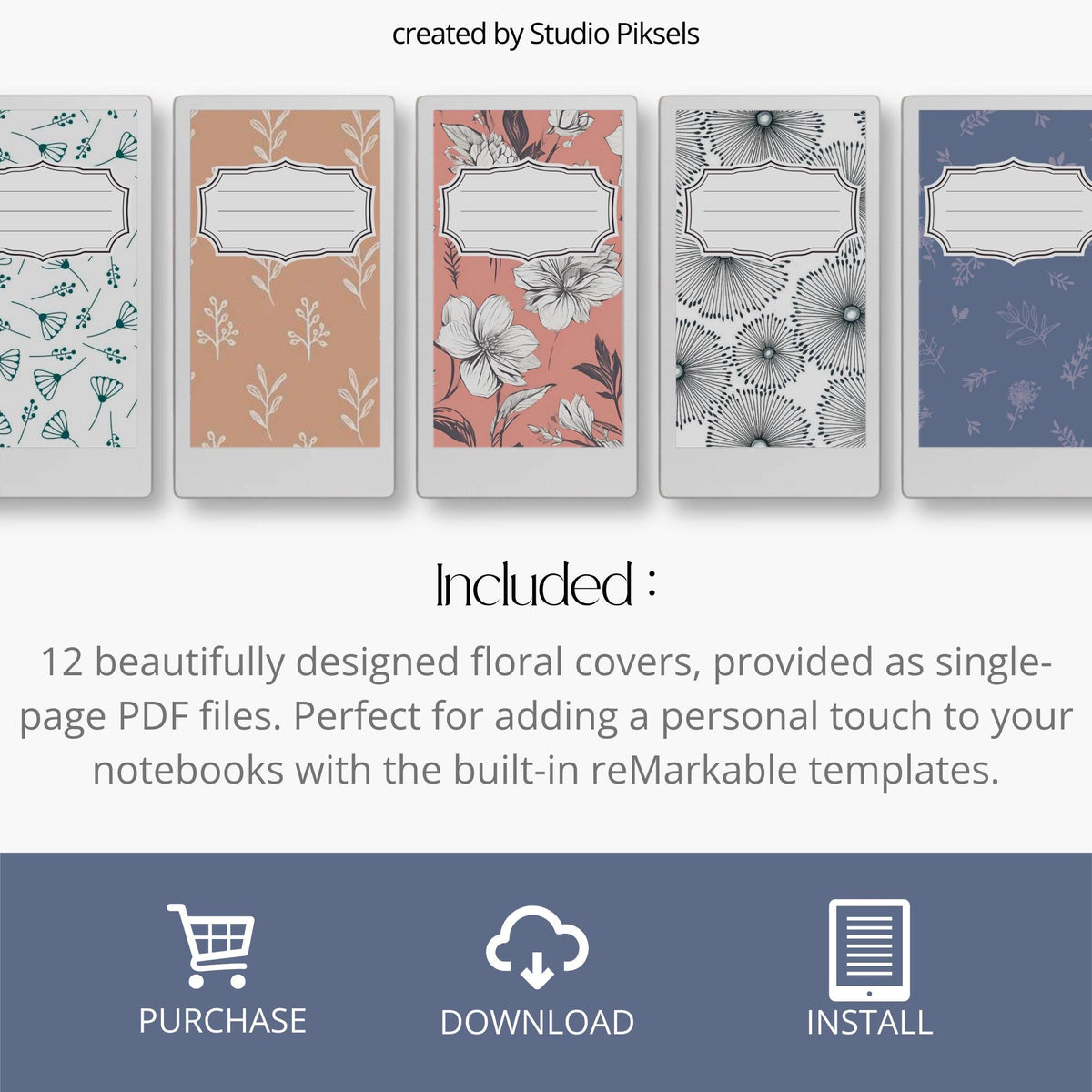 Flower notebook cover bundle for the reMarkable Paper Pro Move featuring 12 minimalist floral digital covers, botanical line-art, and file organization layouts.