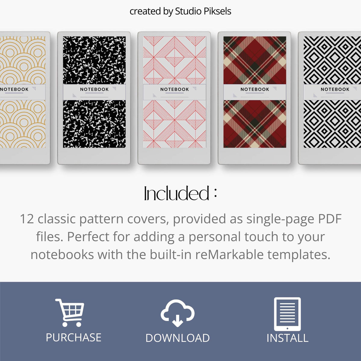 Patterned notebook cover bundle for the reMarkable Paper Pro Move featuring 12 geometric digital covers, minimalist design patterns, and library organization styles.