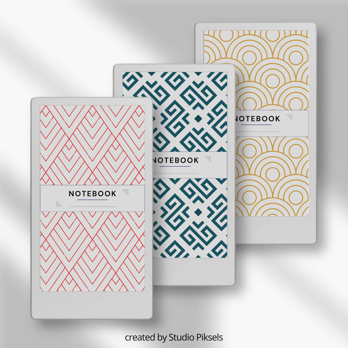 Patterned notebook cover bundle for the reMarkable Paper Pro Move featuring 12 geometric digital covers, minimalist design patterns, and library organization styles.