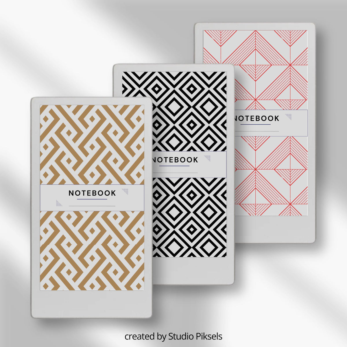 Patterned notebook cover bundle for the reMarkable Paper Pro Move featuring 12 geometric digital covers, minimalist design patterns, and library organization styles.