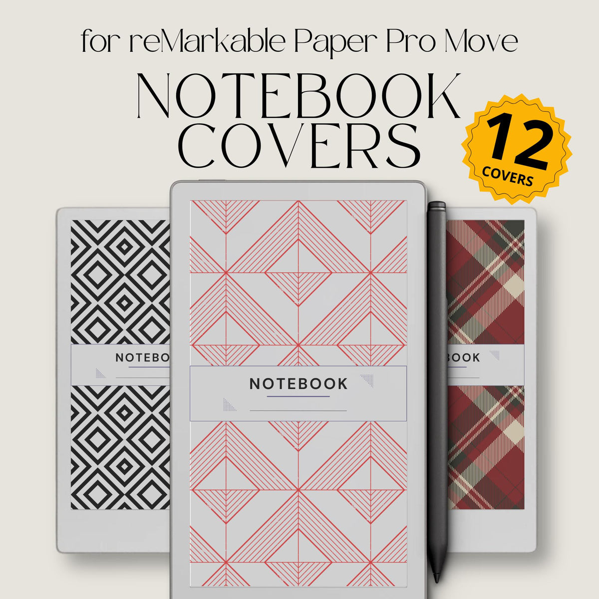 Patterned notebook cover bundle for the reMarkable Paper Pro Move featuring 12 geometric digital covers, minimalist design patterns, and library organization styles.