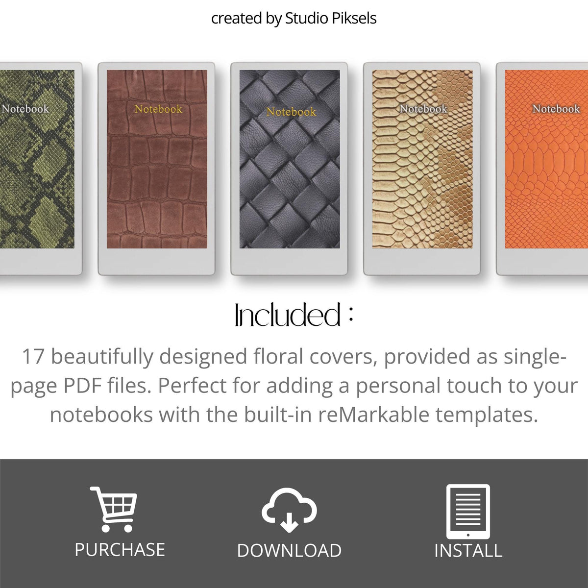 Leather-look notebook cover bundle for the reMarkable Paper Pro Move featuring 17 texturized digital covers, executive planner styles, and file organization layouts.