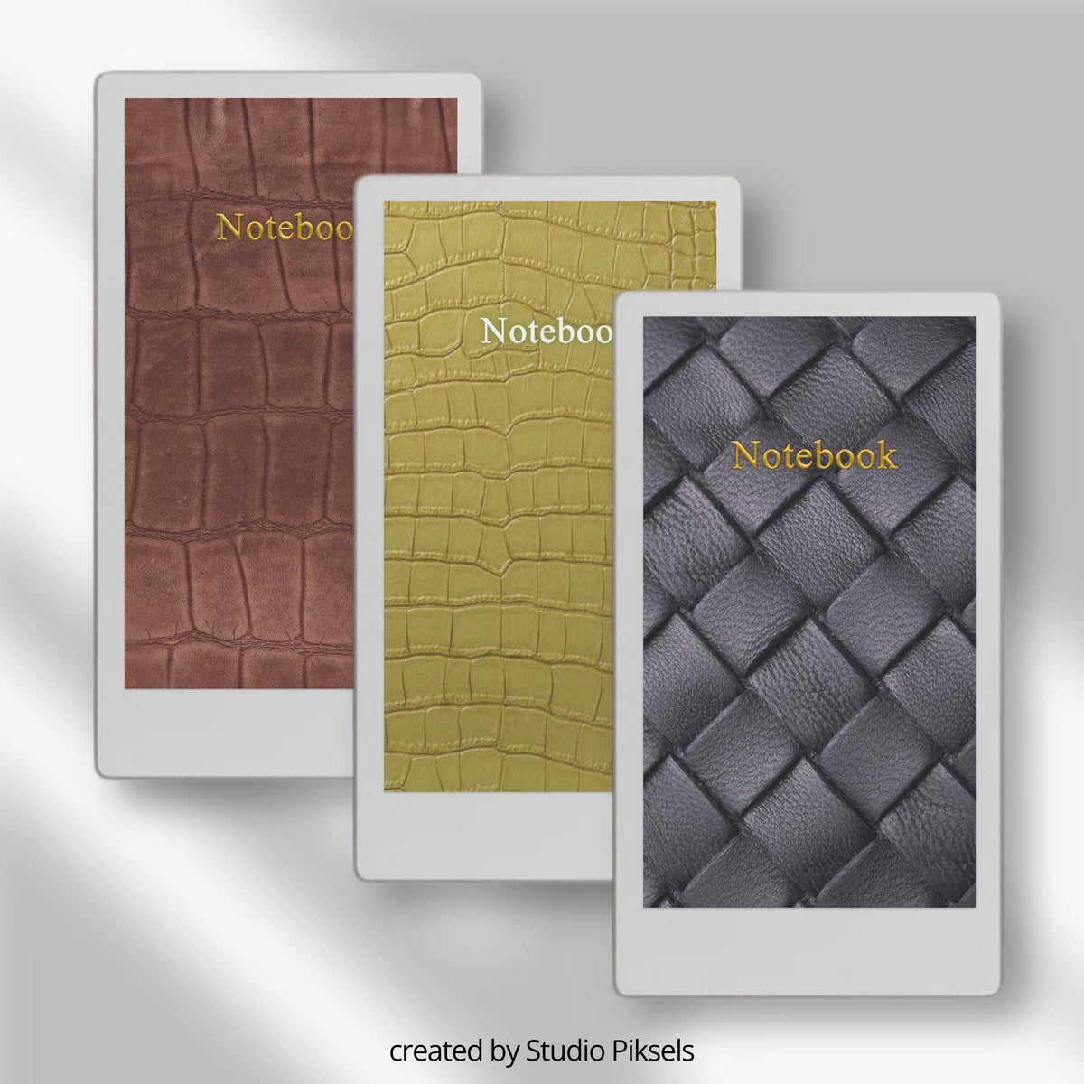 Leather-look notebook cover bundle for the reMarkable Paper Pro Move featuring 17 texturized digital covers, executive planner styles, and file organization layouts.