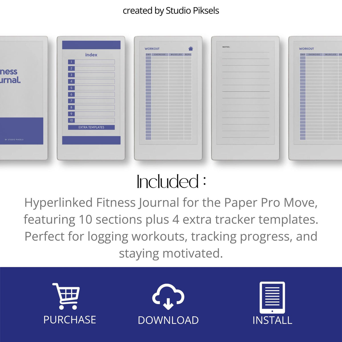 Hyperlinked fitness journal for reMarkable Paper Pro Move featuring workout log pages, linked fitness sections, notes pages, and extra tracker templates for digital fitness planning.