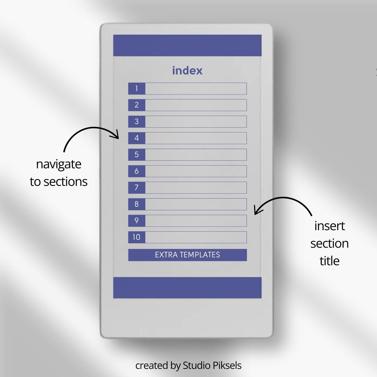 Hyperlinked fitness journal for reMarkable Paper Pro Move featuring workout log pages, linked fitness sections, notes pages, and extra tracker templates for digital fitness planning.