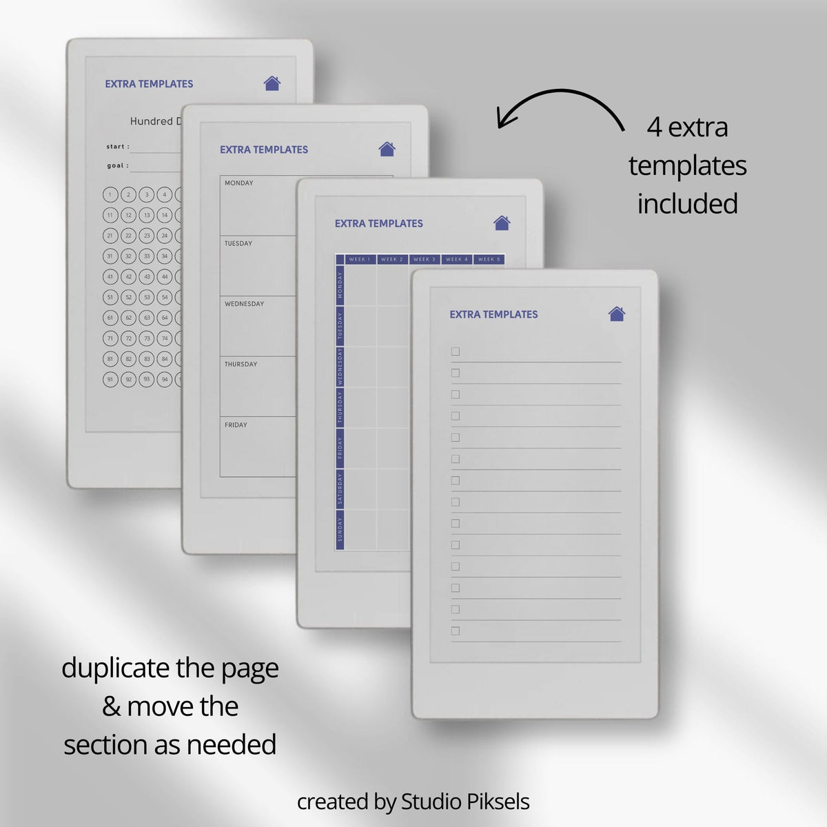 Hyperlinked fitness journal for reMarkable Paper Pro Move featuring workout log pages, linked fitness sections, notes pages, and extra tracker templates for digital fitness planning.