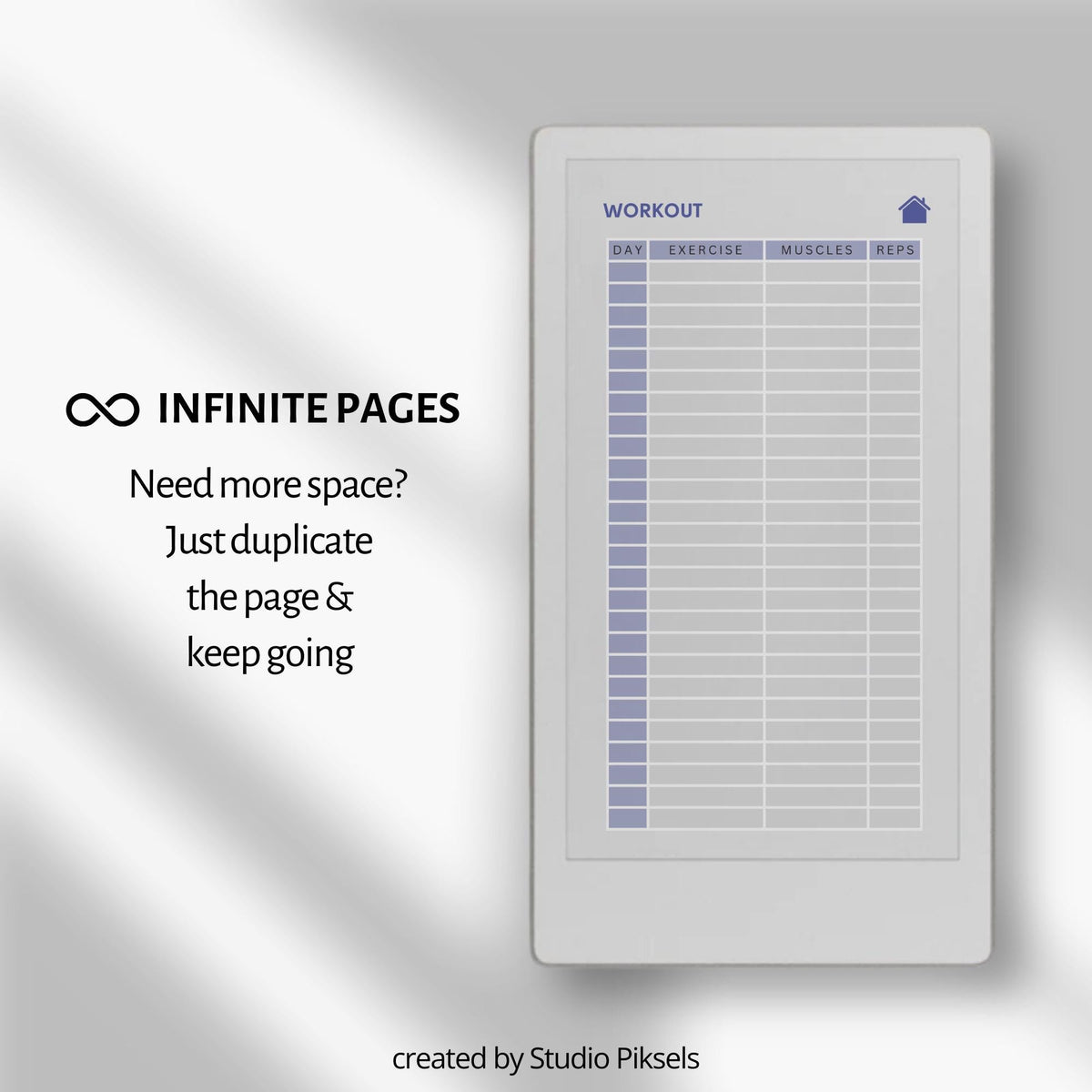 Hyperlinked fitness journal for reMarkable Paper Pro Move featuring workout log pages, linked fitness sections, notes pages, and extra tracker templates for digital fitness planning.