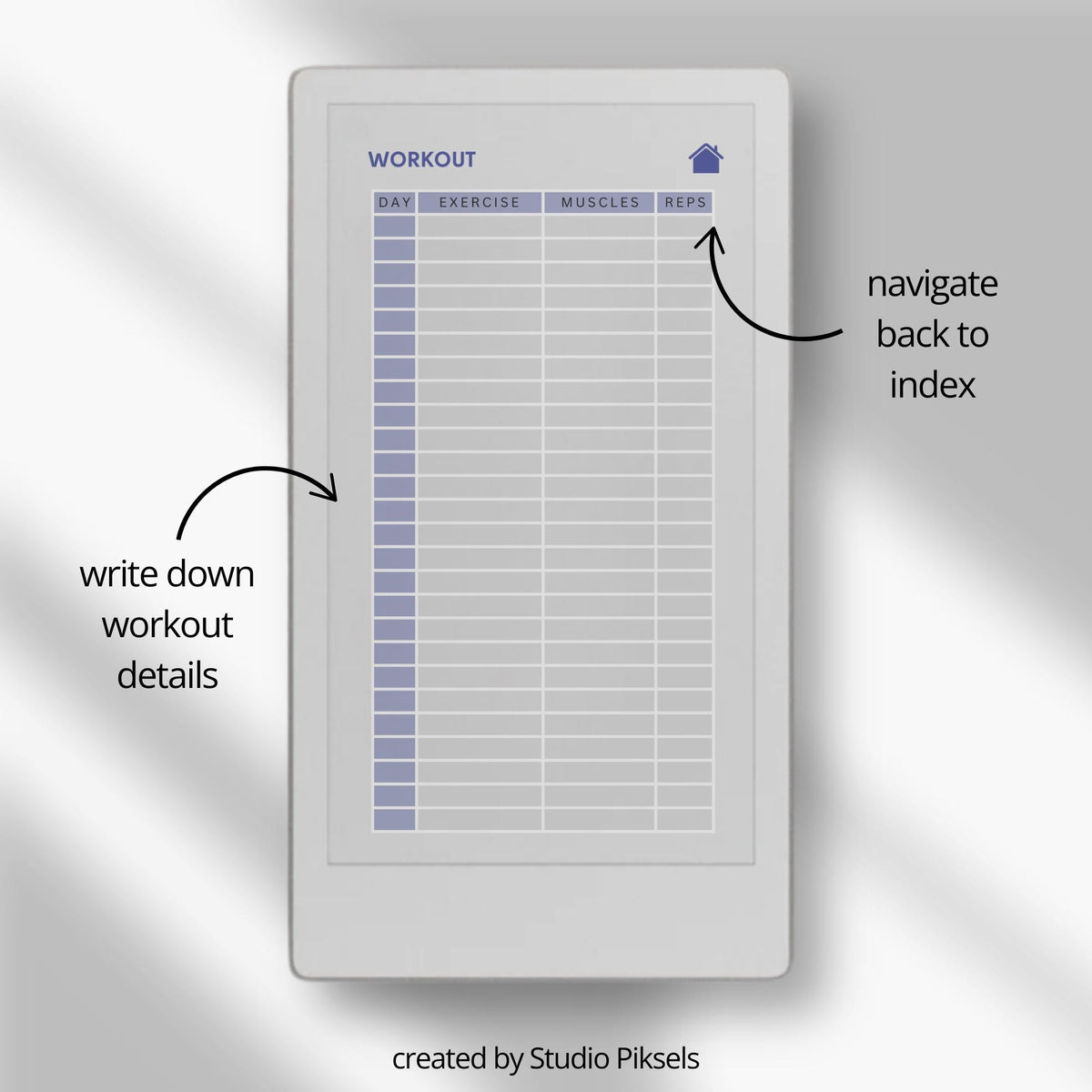 Hyperlinked fitness journal for reMarkable Paper Pro Move featuring workout log pages, linked fitness sections, notes pages, and extra tracker templates for digital fitness planning.