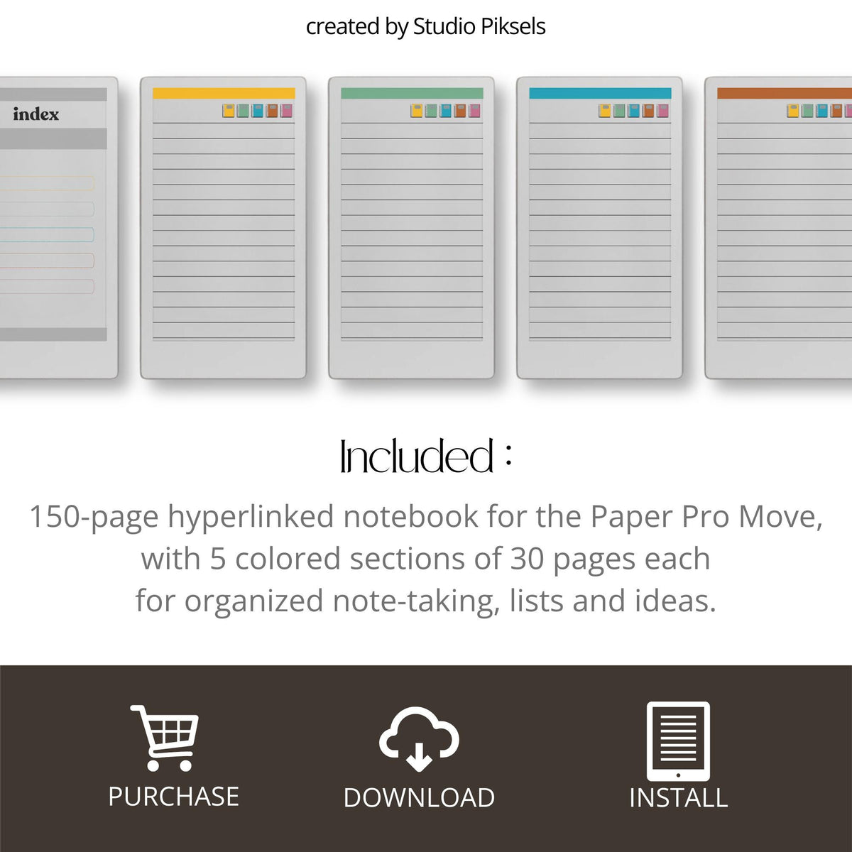 Hyperlinked digital notepad for reMarkable Paper Pro Move with lined pages, color-coded sections, and clickable notebook navigation