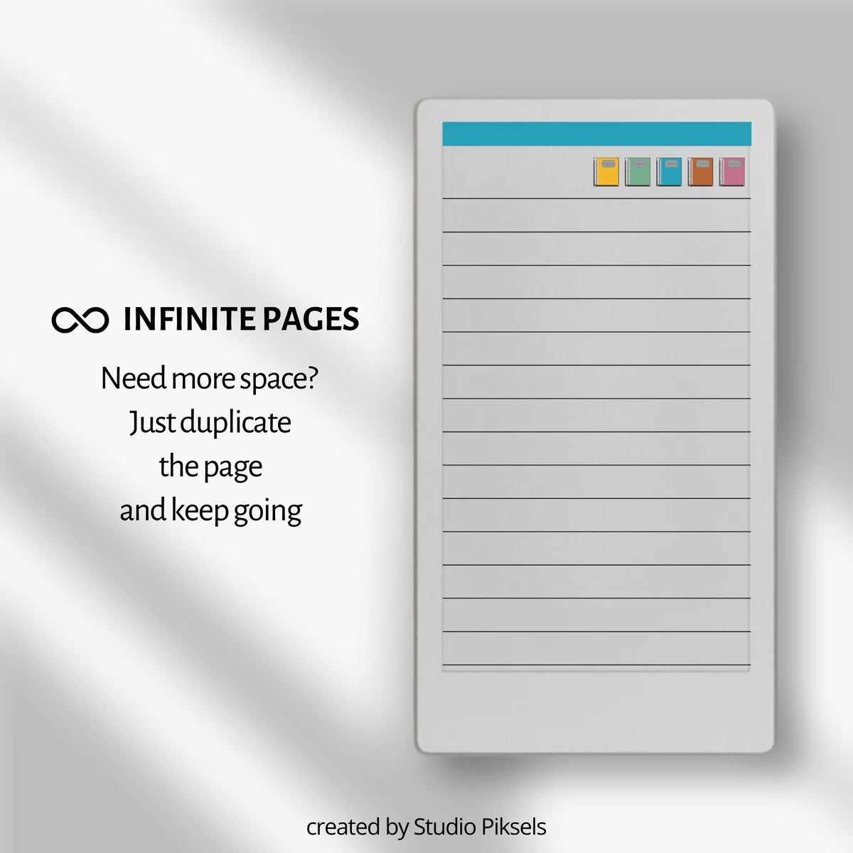 Hyperlinked digital notepad for reMarkable Paper Pro Move with lined pages, color-coded sections, and clickable notebook navigation