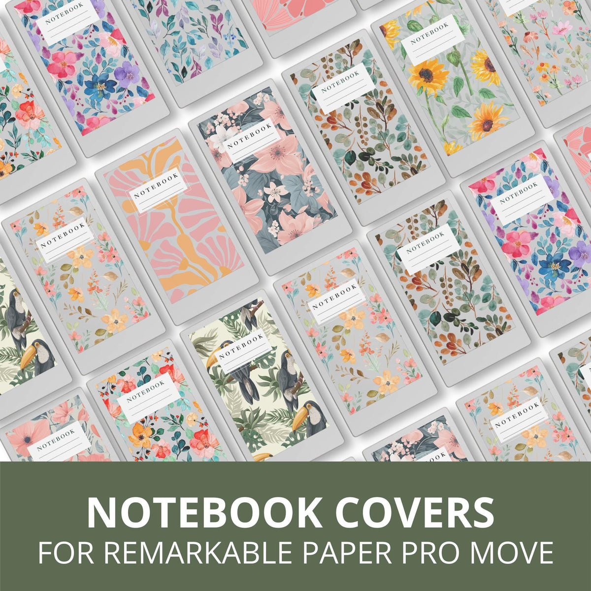 Digital notebooks with this Floral Notebook Cover Bundle designed for reMarkable Paper Pro Move. Featuring watercolor flowers, botanical patterns, and elegant floral artwork.