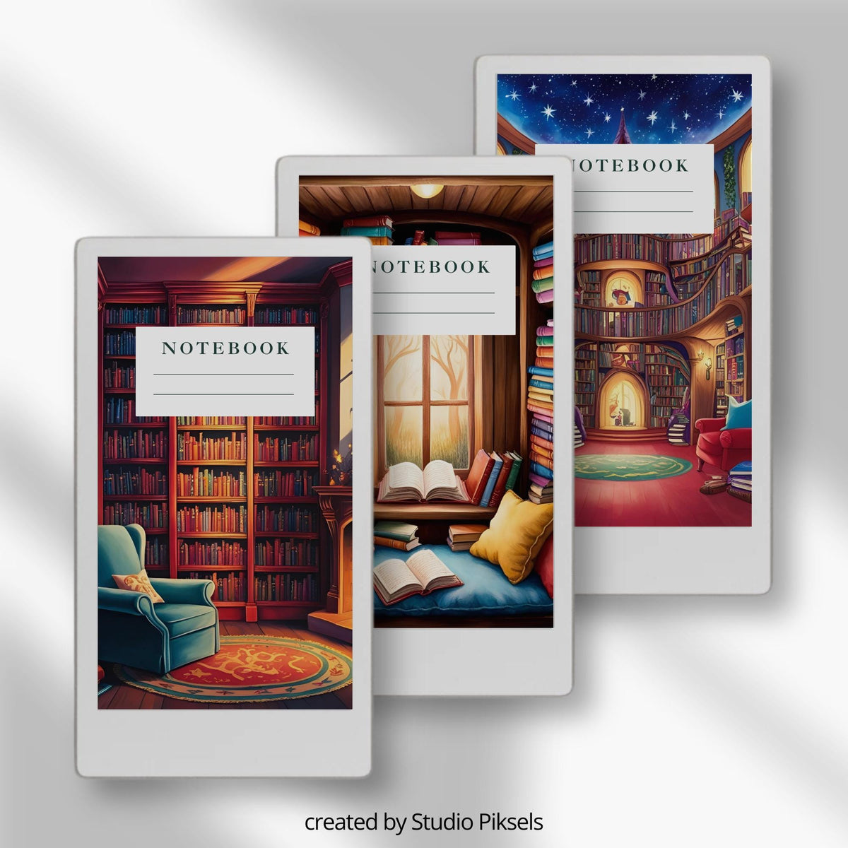 Cozy library notebook cover bundle for the reMarkable Paper Pro Move featuring 12 book nook digital covers, illustration art, and file organization layouts.