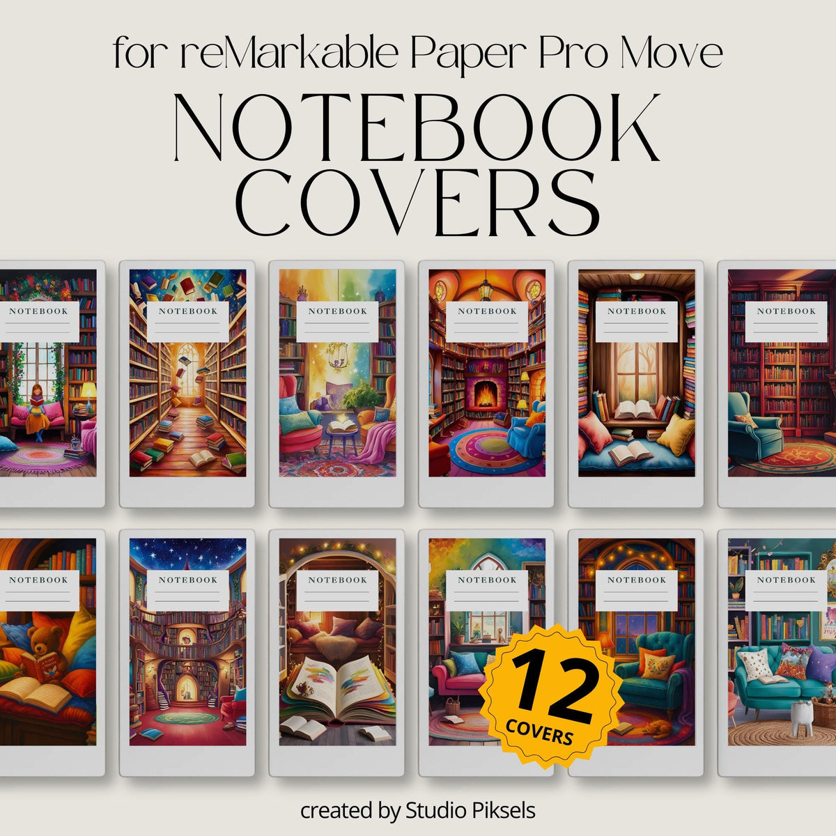 Cozy library notebook cover bundle for the reMarkable Paper Pro Move featuring 12 book nook digital covers, illustration art, and file organization layouts.