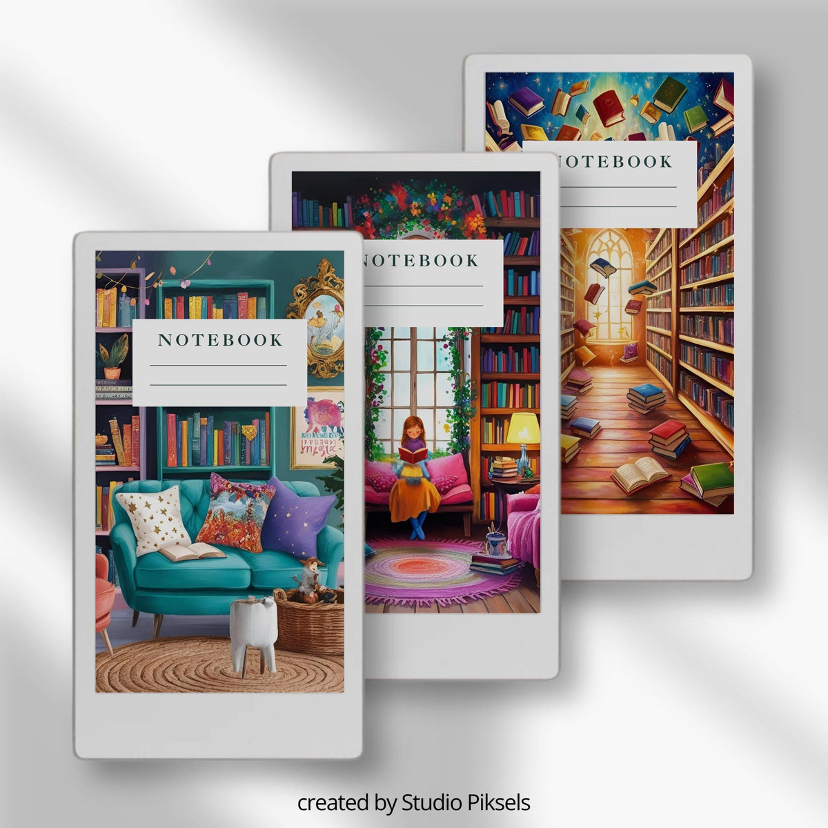 Cozy library notebook cover bundle for the reMarkable Paper Pro Move featuring 12 book nook digital covers, illustration art, and file organization layouts.