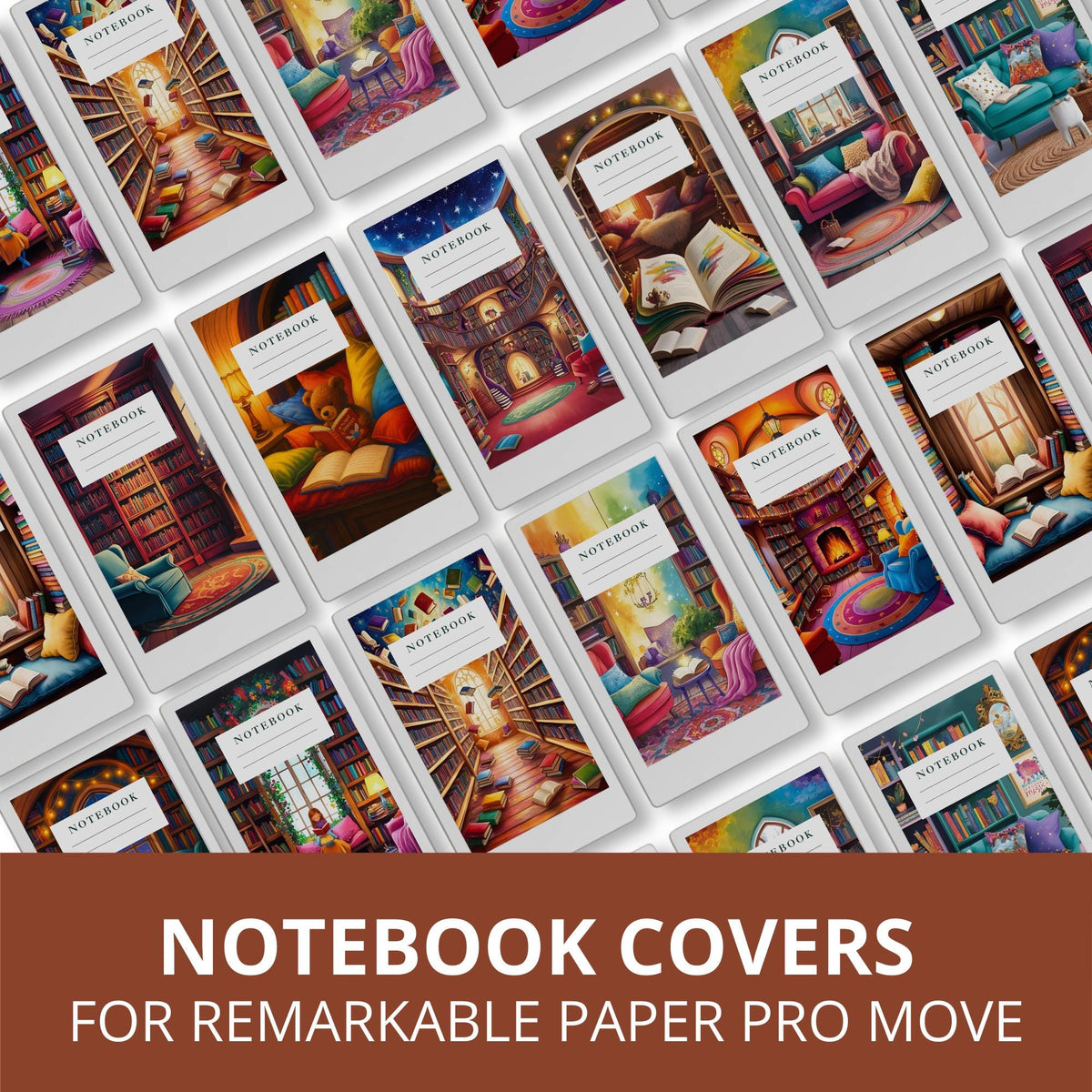 Cozy library notebook cover bundle for the reMarkable Paper Pro Move featuring 12 book nook digital covers, illustration art, and file organization layouts.