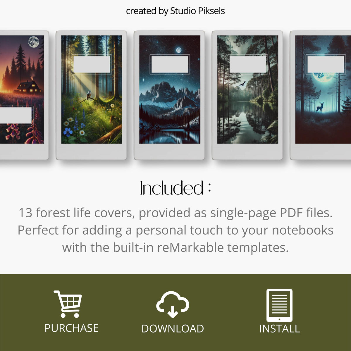 Bring the serenity of the forest to your reMarkable Paper Pro Move with this set of 13 digital notebook covers. Each design features woodland scenes, glowing sunsets, moonlit nights, and cozy cabins to create a nature-inspired aesthetic.