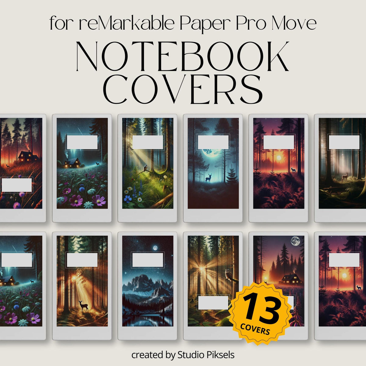 Bring the serenity of the forest to your reMarkable Paper Pro Move with this set of 13 digital notebook covers. Each design features woodland scenes, glowing sunsets, moonlit nights, and cozy cabins to create a nature-inspired aesthetic.