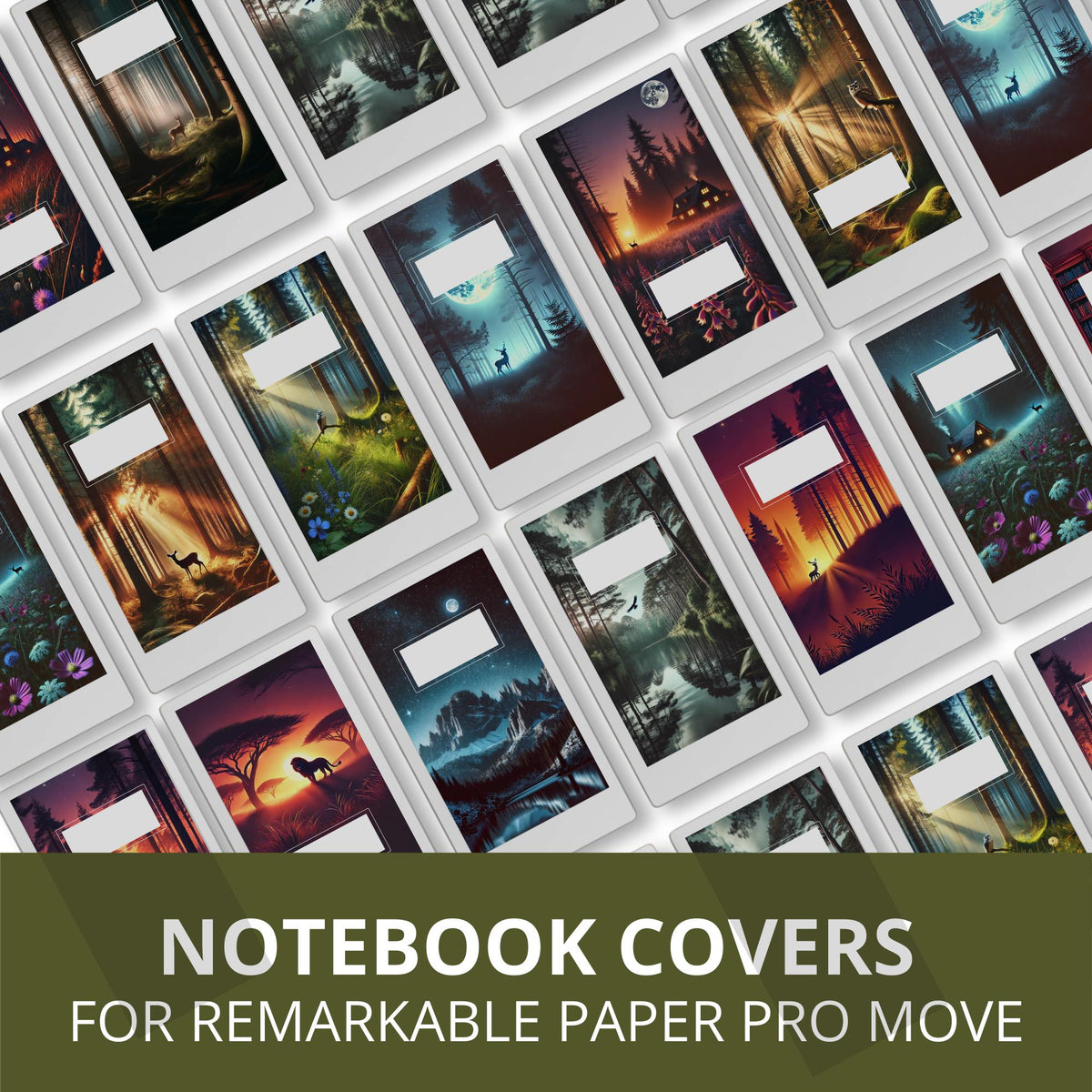 Bring the serenity of the forest to your reMarkable Paper Pro Move with this set of 13 digital notebook covers. Each design features woodland scenes, glowing sunsets, moonlit nights, and cozy cabins to create a nature-inspired aesthetic.
