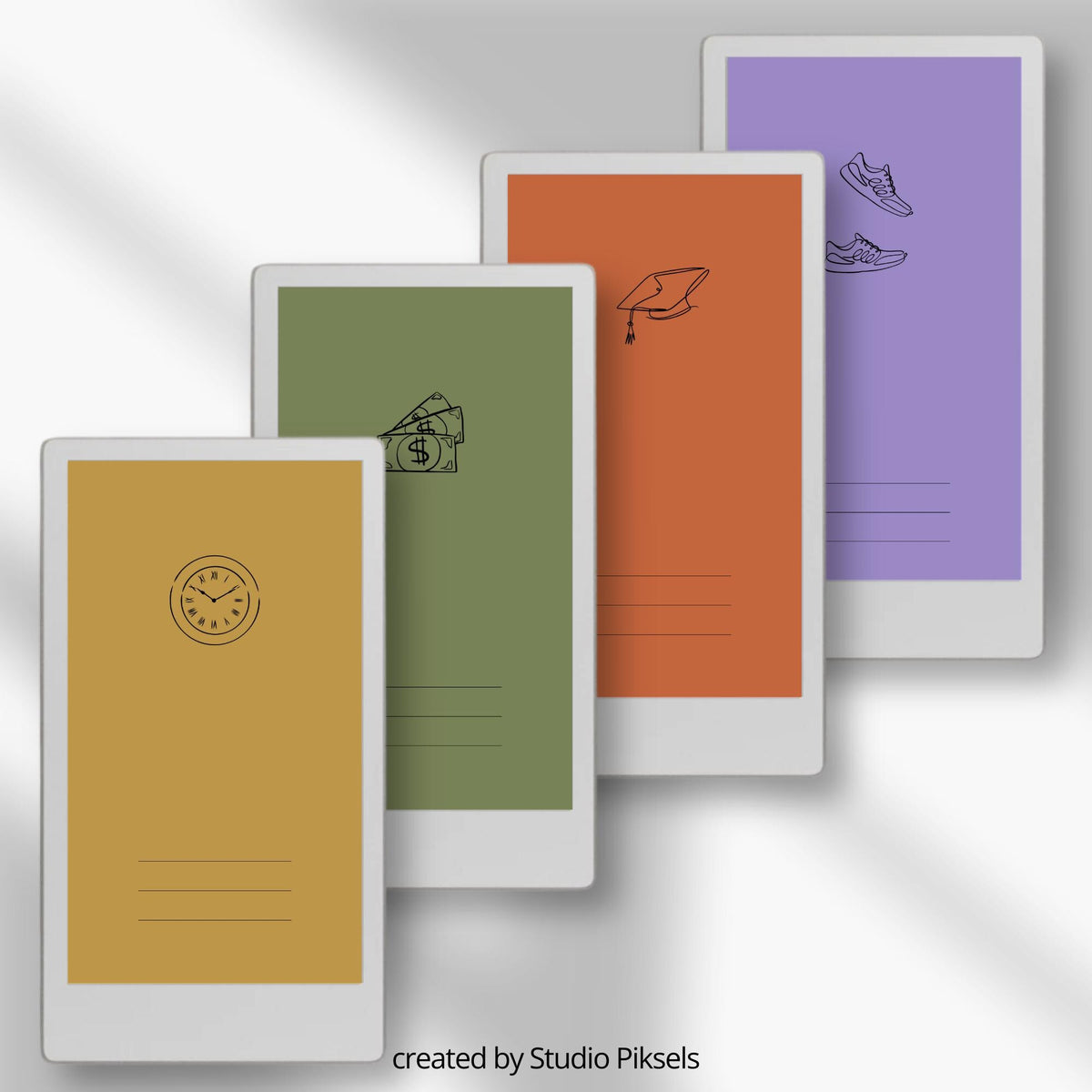 Icon notebook cover bundle for the reMarkable Paper Pro Move featuring 25 digital covers with minimalist line icons, color backgrounds, and file organization layouts.