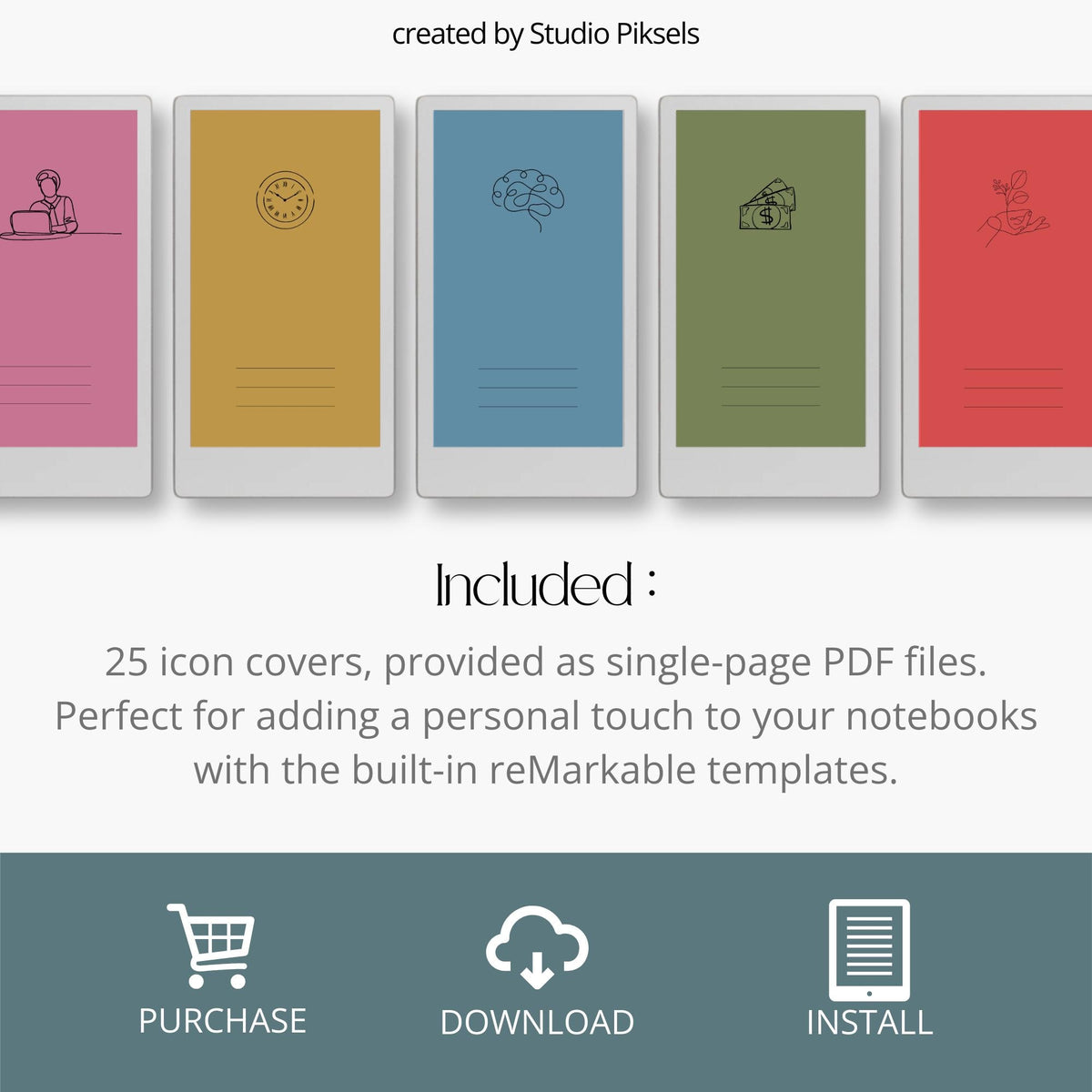 Icon notebook cover bundle for the reMarkable Paper Pro Move featuring 25 digital covers with minimalist line icons, color backgrounds, and file organization layouts.