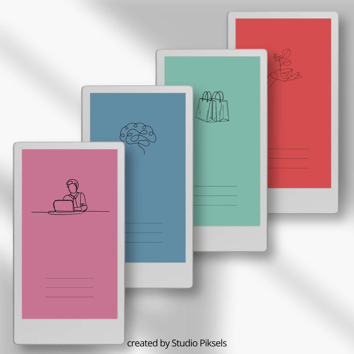 Icon notebook cover bundle for the reMarkable Paper Pro Move featuring 25 digital covers with minimalist line icons, color backgrounds, and file organization layouts.