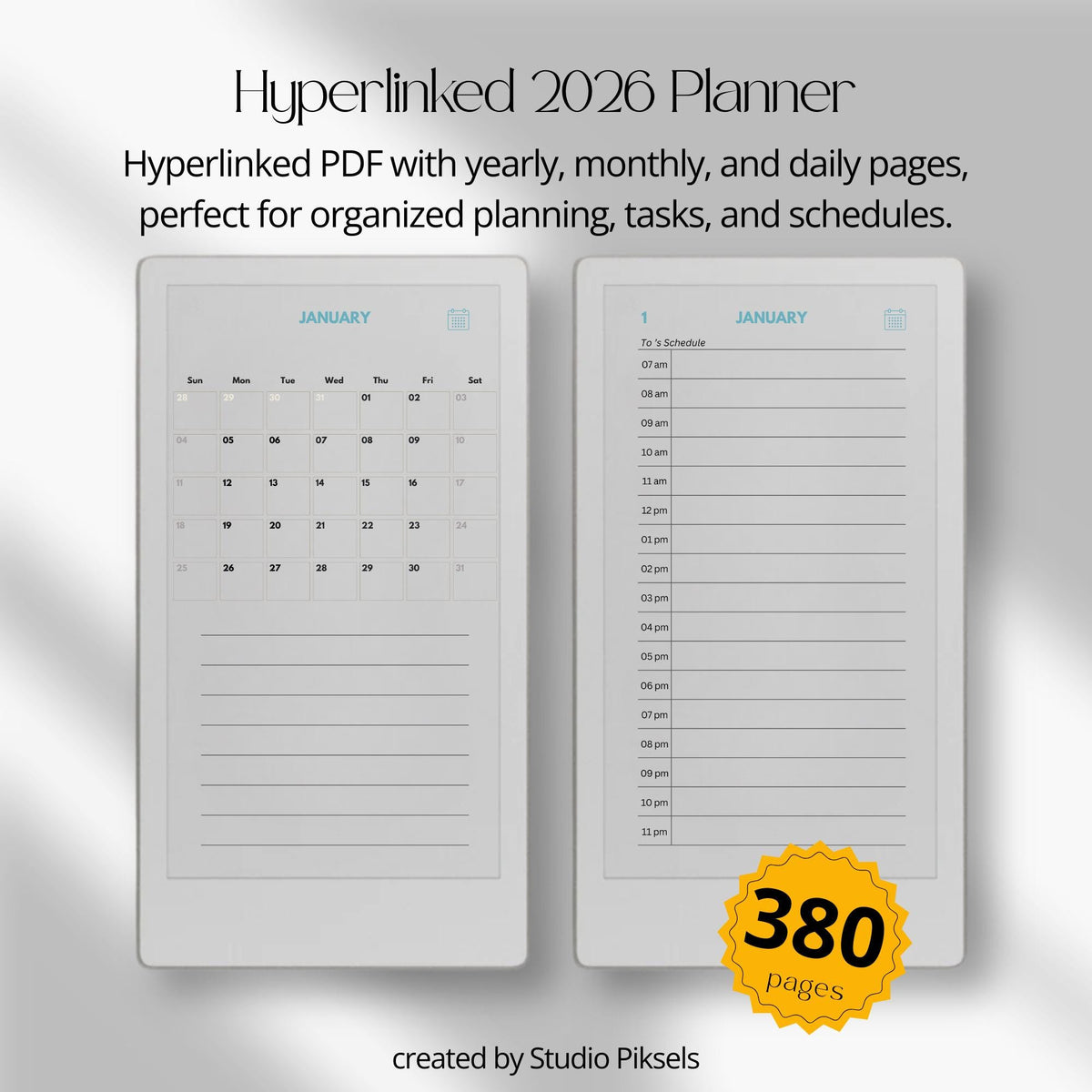 2026 hyperlinked planner for reMarkable Paper Pro Move with yearly overview, monthly calendars, and daily hourly pages for structured planning.