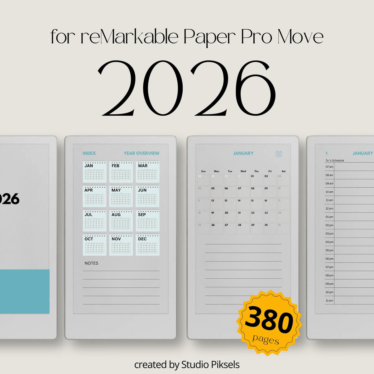 2026 hyperlinked planner for reMarkable Paper Pro Move with yearly overview, monthly calendars, and daily hourly pages for structured planning.