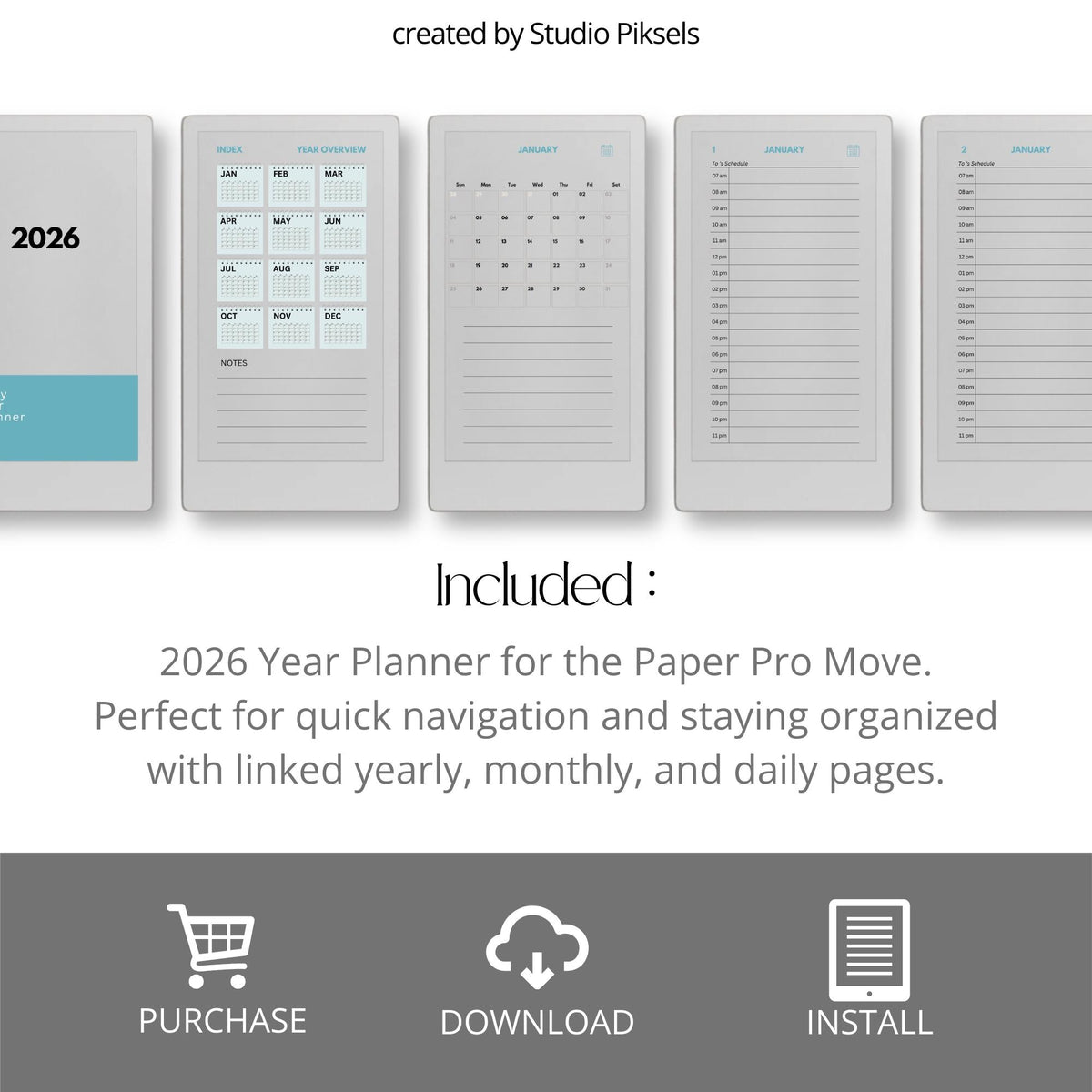 2026 hyperlinked planner for reMarkable Paper Pro Move with yearly overview, monthly calendars, and daily hourly pages for structured planning.