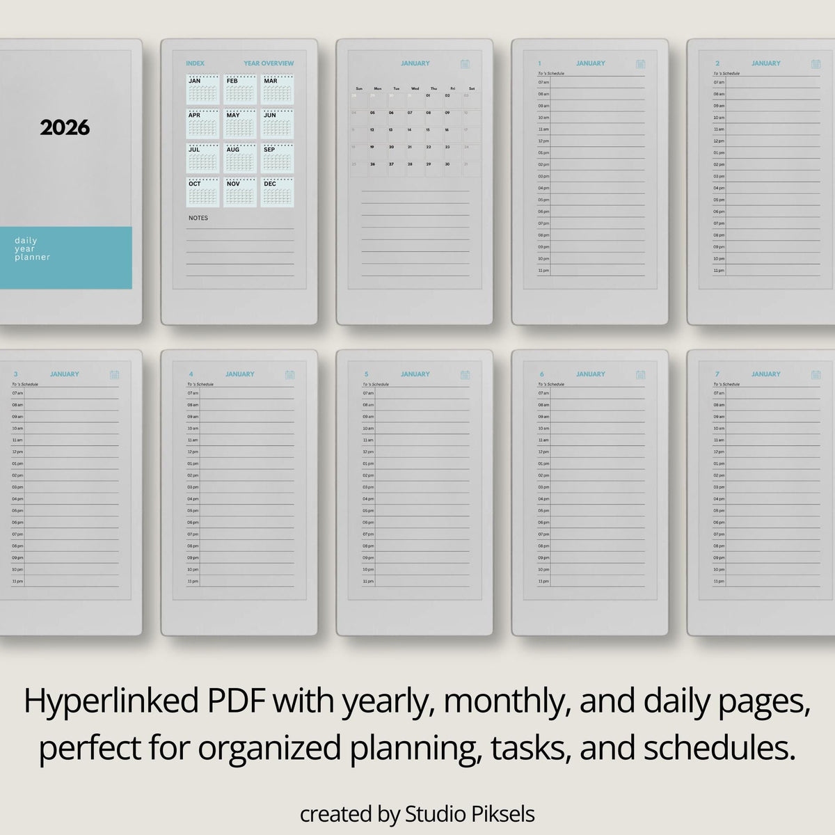 2026 hyperlinked planner for reMarkable Paper Pro Move with yearly overview, monthly calendars, and daily hourly pages for structured planning.