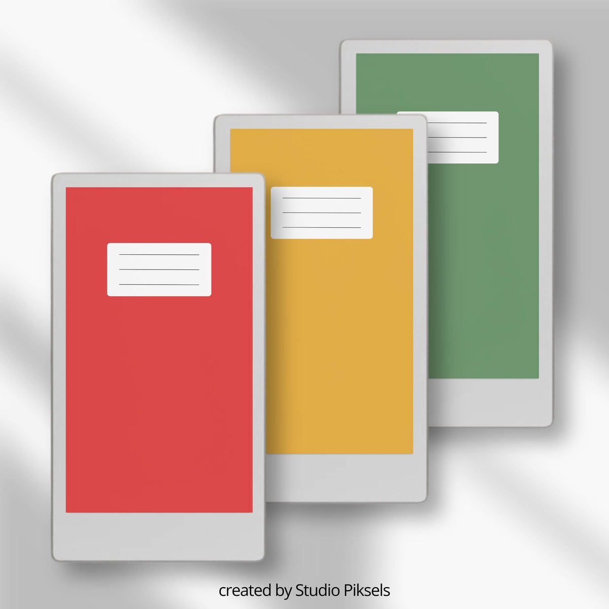 Classic notebook cover bundle for the reMarkable Paper Pro Move featuring 10 solid-color digital covers, minimalist planner aesthetics, and file organization layouts.