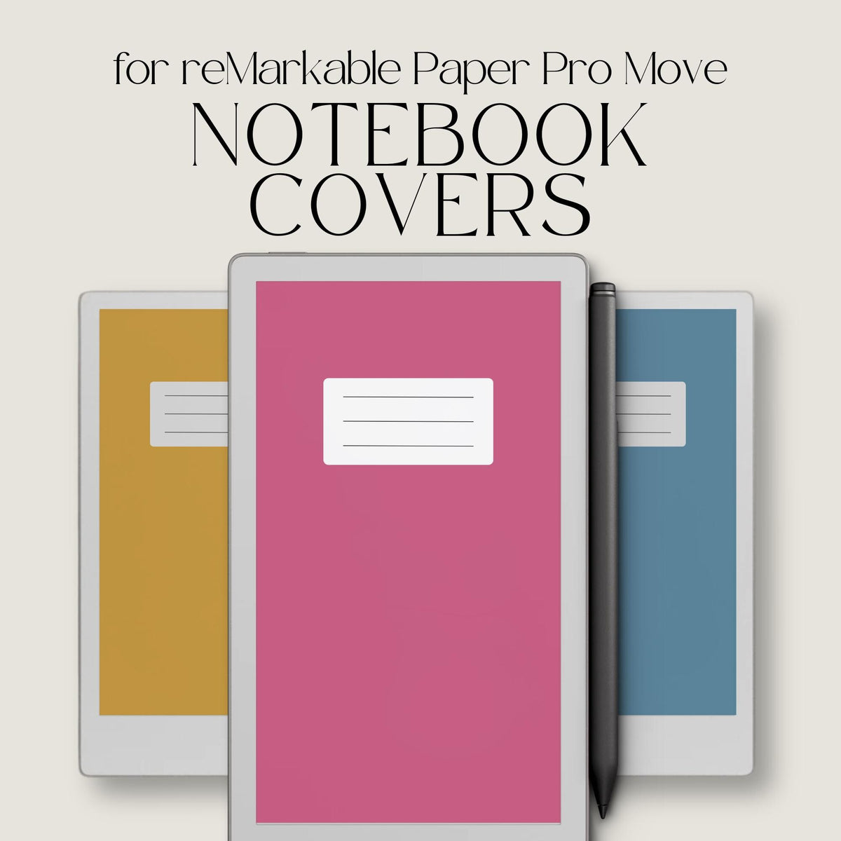 Classic notebook cover bundle for the reMarkable Paper Pro Move featuring 10 solid-color digital covers, minimalist planner aesthetics, and file organization layouts.