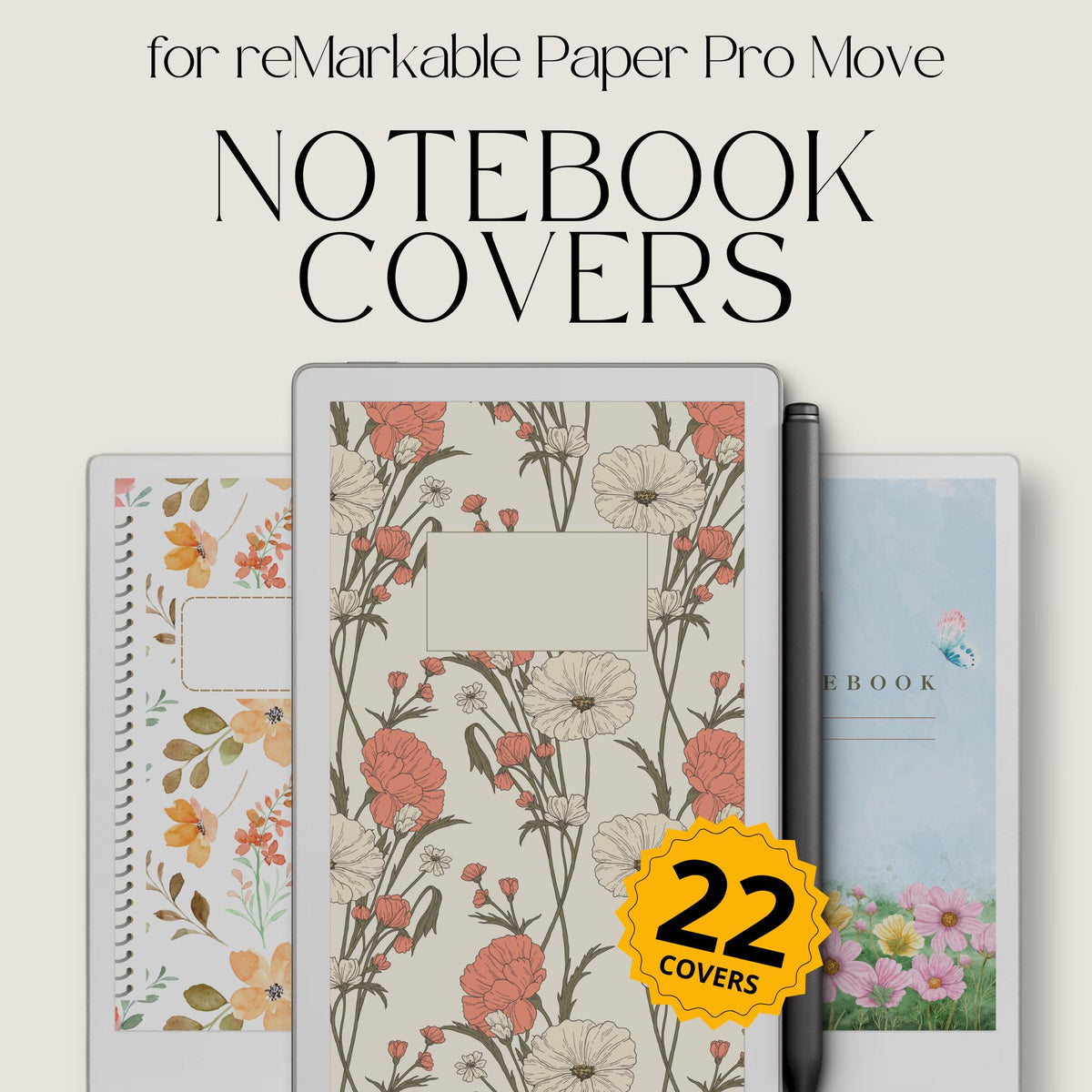 Illustrated notebook cover bundle for the reMarkable Paper Pro Move featuring 22 artistic digital covers, floral patterns, and library organization styles.