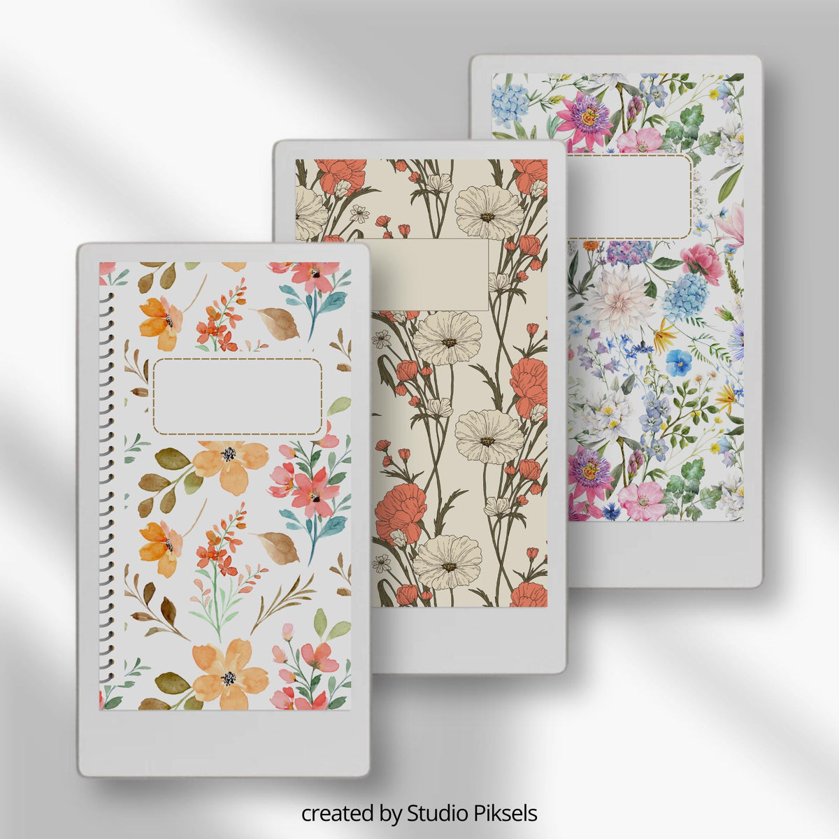 Illustrated notebook cover bundle for the reMarkable Paper Pro Move featuring 22 artistic digital covers, floral patterns, and library organization styles.